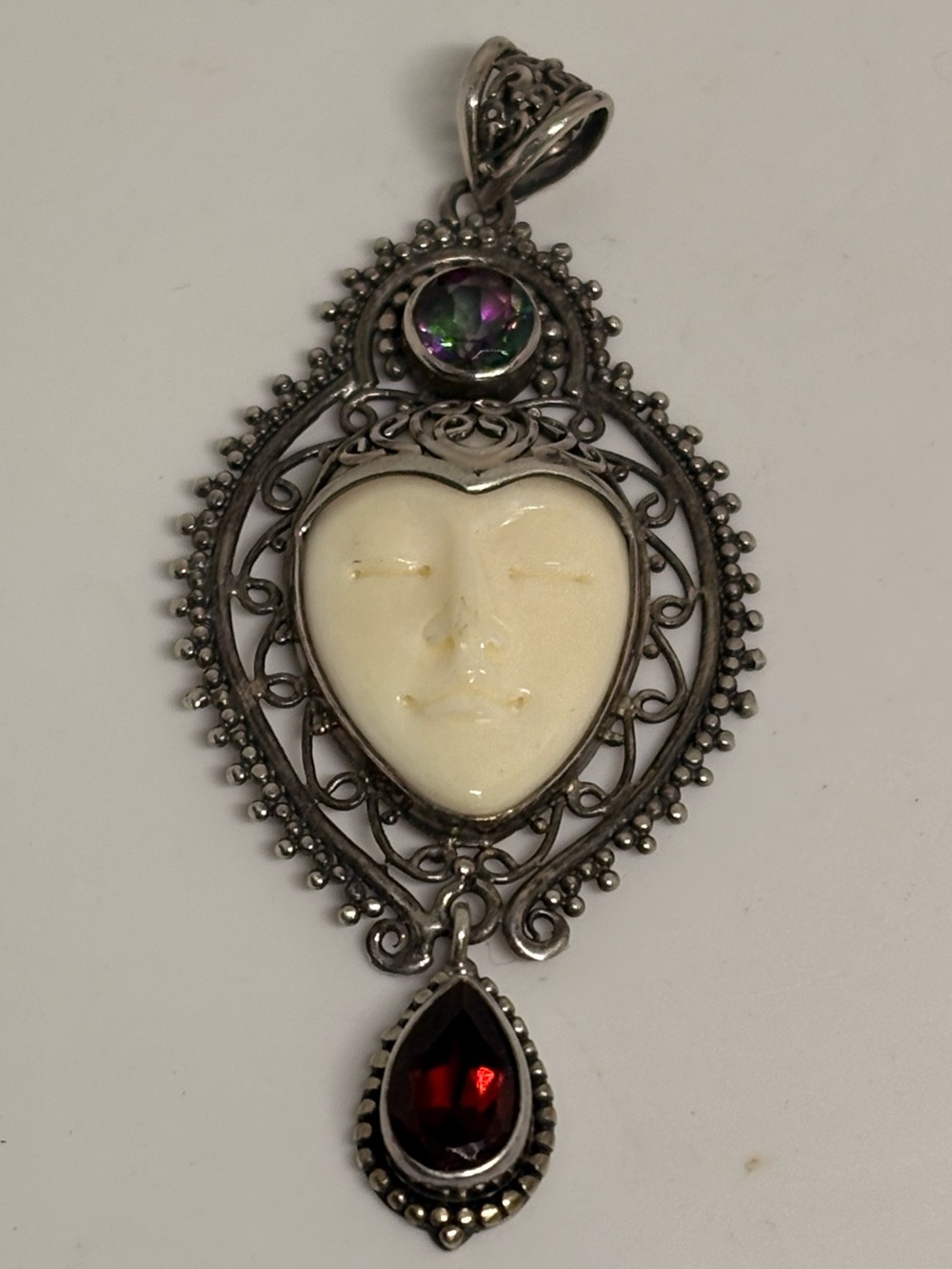 925 Sterling Silver Carved Bone Goddess Face Pendant Mystic Topaz Garnet Bali